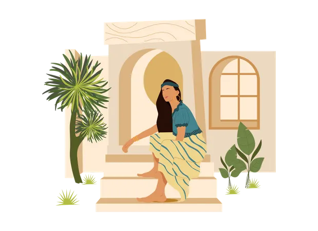 Bohemian girl sitting on stairs  Illustration