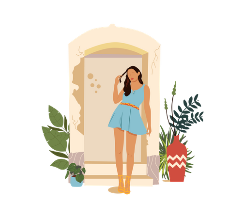 Bohemian girl standing near wall  Illustration