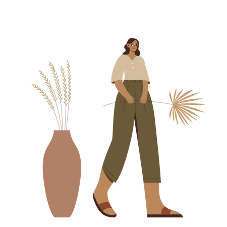 Boho Girl marchant et tenant une plante  Illustration