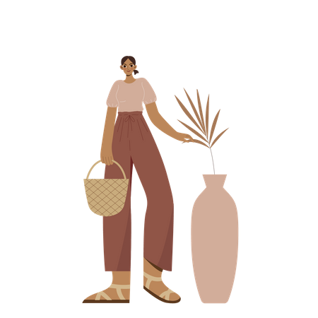 Boho Girl holding a handbag and touch the big plant  Illustration