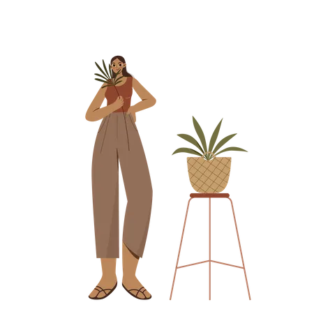 Boho Girl holding a plant  Illustration