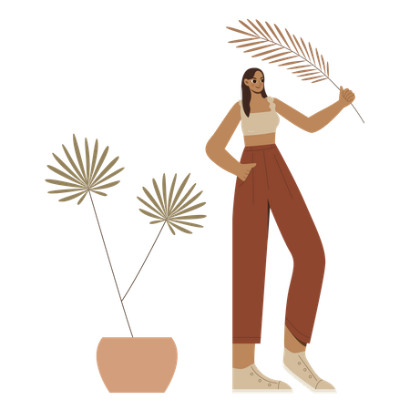 Boho Girl holding a plant  Illustration
