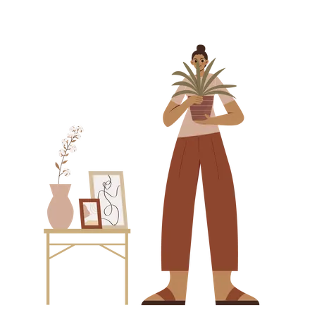 Boho Girl holding small plant pot  Illustration