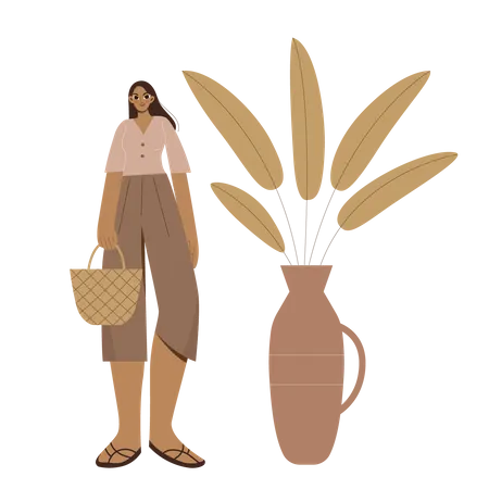 Boho Girl next to big vase holding a handbag  Illustration