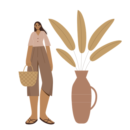 Boho Girl next to big vase holding a handbag  イラスト