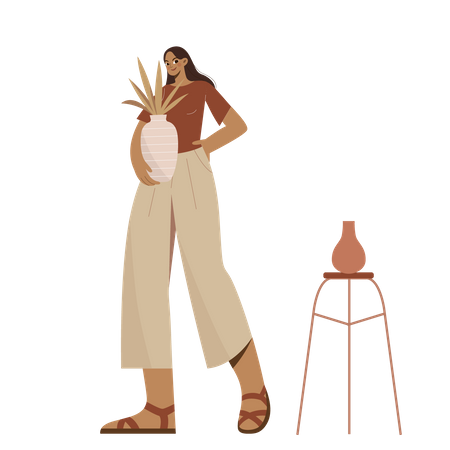 Boho Girl standing and holding a vase  Illustration