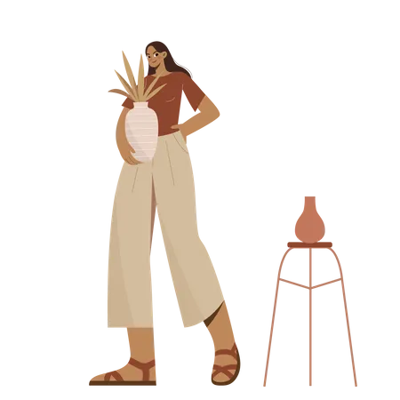 Boho Girl standing and holding a vase  Illustration