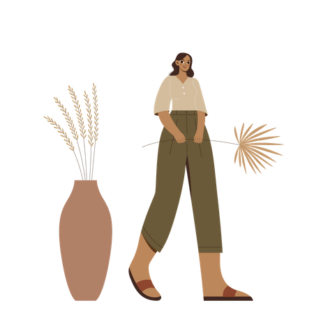 Boho Girl walking and holding a plant  Illustration