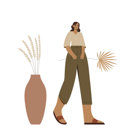 Boho Girl walking and holding a plant  Illustration