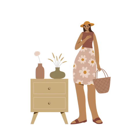 Boho Girl with hat holding a handbag  Illustration