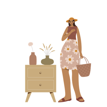 Boho Girl with hat holding a handbag  イラスト
