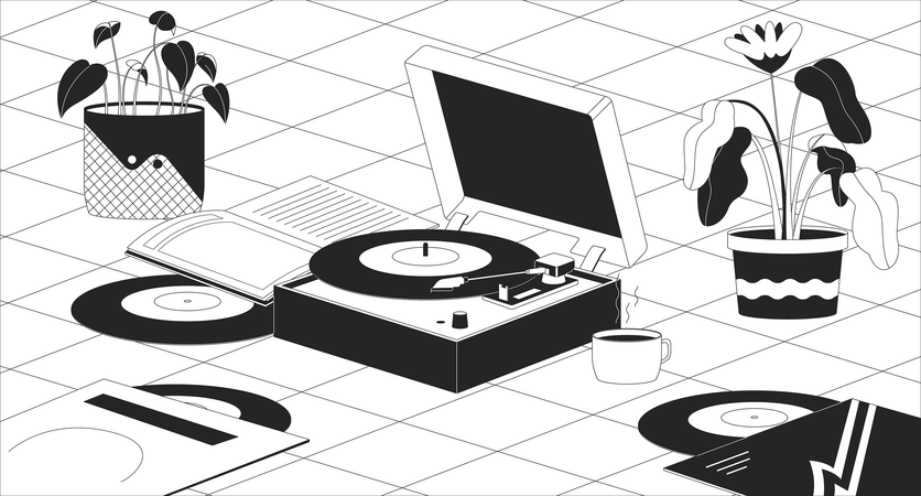 Boho vinyl player flowerpots  Illustration