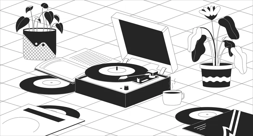 Boho vinyl player flowerpots  Illustration