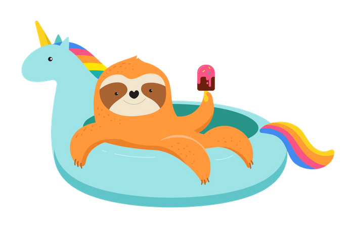 Preguiça fofa na boia de piscina de unicórnio  Ilustração