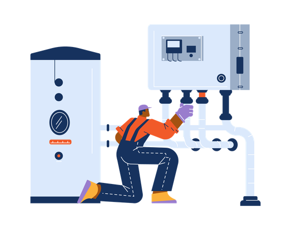 Boiler engineer checking boiler equipment for maintenance and repair  Illustration