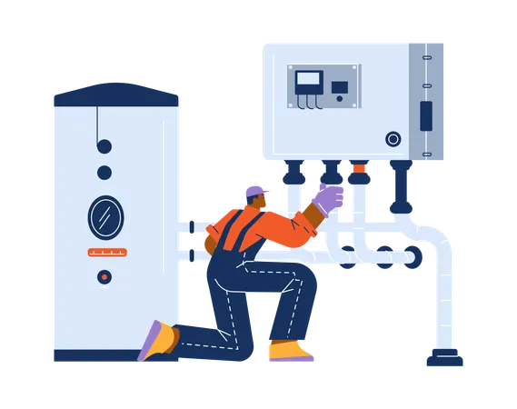Boiler engineer checking boiler equipment for maintenance and repair  Illustration
