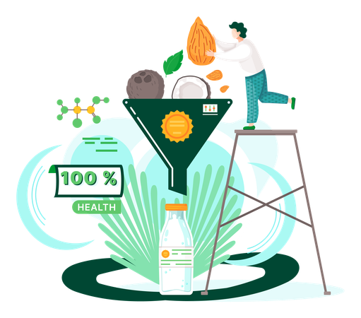 Boisson vitaminée biologique et saine, à base de plantes, lait de noix végétalien  Illustration