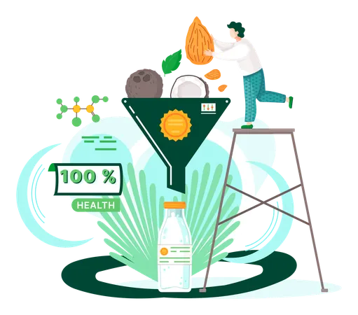 Boisson vitaminée biologique et saine, à base de plantes, lait de noix végétalien  Illustration