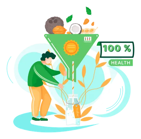 Boisson vitaminée biologique et saine, à base de plantes, lait de noix végétalien  Illustration
