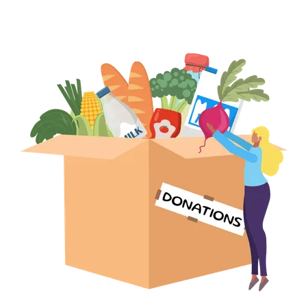 Boîte de dons remplie de produits alimentaires et de légumes placés par des bénévoles  Illustration