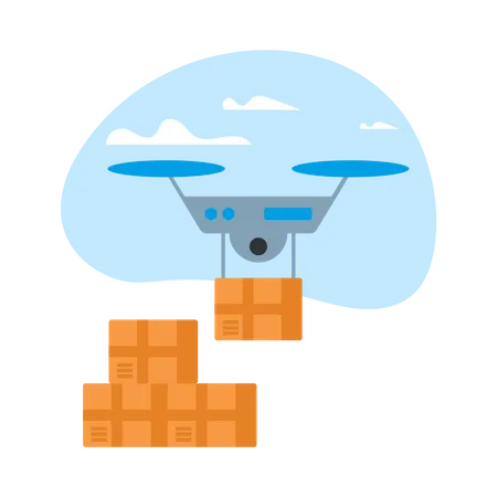 Boîte de livraison de drones dans un ciel bleu avec des nuages  Illustration