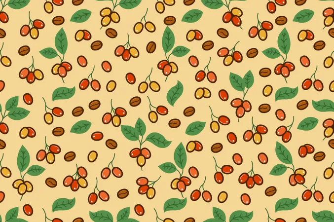 Bold Line Coffee Berry And Leaves Seamless Pattern  Illustration