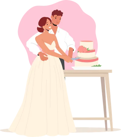 Bolo cortado do noivo e da noiva durante a cerimônia de casamento  Ilustração