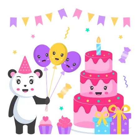 Bolo de aniversário e Panda com balão  Ilustração