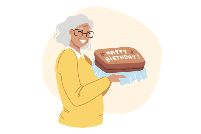 Bolo de aniversário nas mãos de uma idosa feliz comemorando o centenário e se alegrando com os parabéns  Ilustração