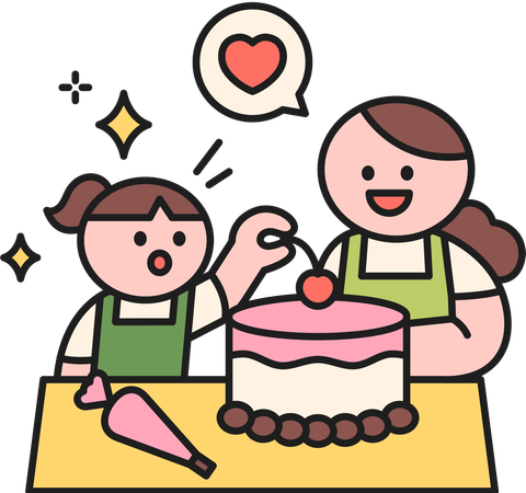 Mãe e filha cortando bolo  Ilustração