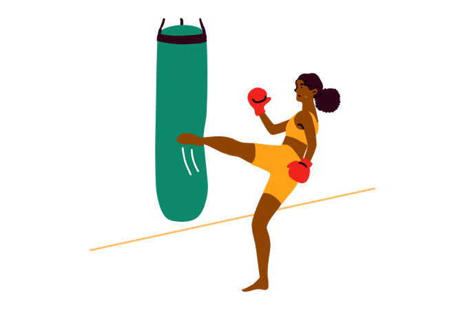 Boxer feminino chutando saco de boxe  Ilustração