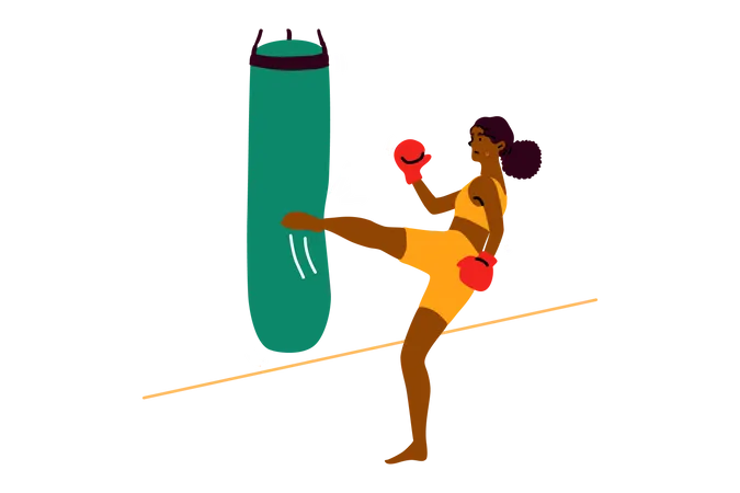 Boxer feminino chutando saco de boxe  Ilustração