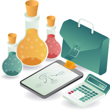 Bolsa de hombre de negocios con botellas de experimentos de laboratorio.  Ilustración