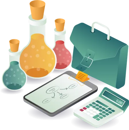 Bolsa de hombre de negocios con botellas de experimentos de laboratorio.  Ilustración