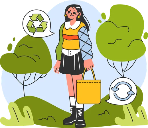 Mulher usa saco de reciclagem  Ilustração