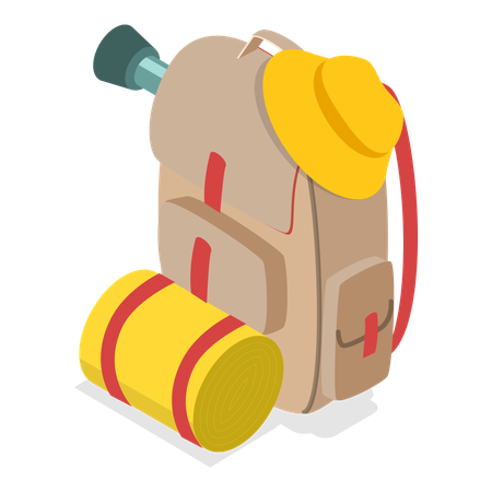 Bolsa de viagem junto com equipamento de camping  Ilustração