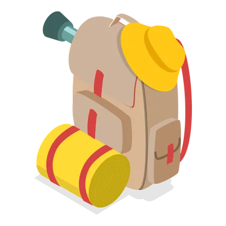 Bolsa de viagem junto com equipamento de camping  Ilustração