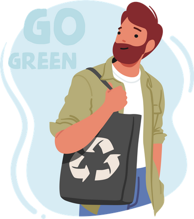 Hombre lleva bolsa reutilizable ecológica con símbolo de reciclaje  Ilustración