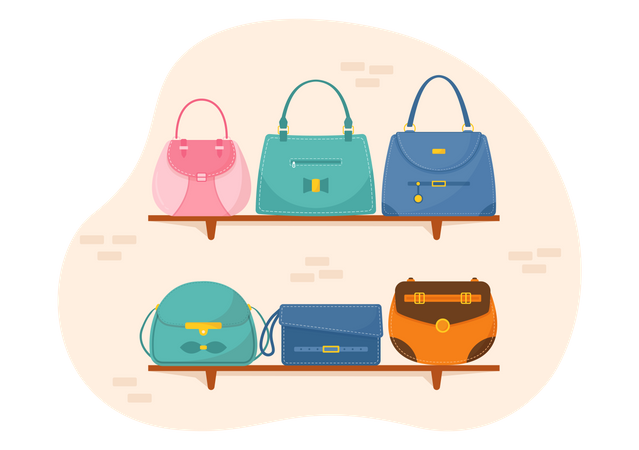 Bolsos artesanales expuestos en la tienda  Illustration