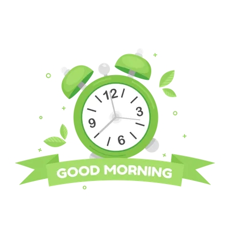 Despertador Verde Com Texto De Bom Dia Em Um Banner De Fita Ilustra O De Design Plano Ilustração
