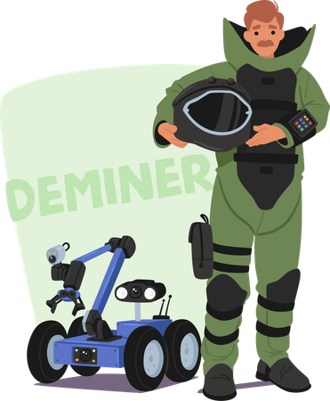 Bomb disposal expert holding helmet  Illustration