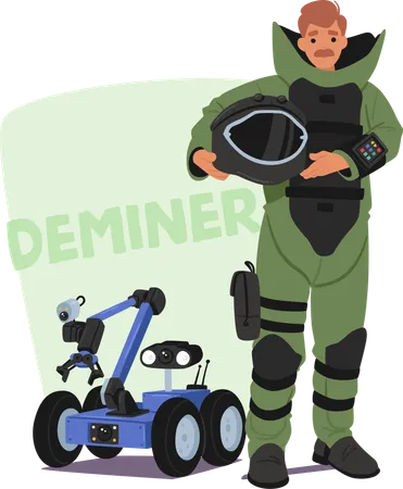 Bomb disposal expert holding helmet  Illustration