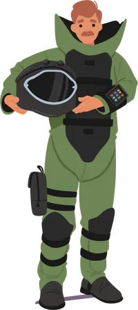 Bomb Disposal Expert Wearing Green Protective Suit And Holding Helmet  Illustration