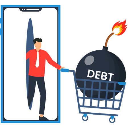 Bomba de deuda en carrito de compras. Empresario emerge de la pantalla del teléfono. Crisis financiera.  Ilustración