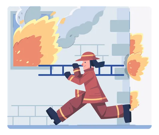 Bombeiro correndo em direção a emergência de incêndio para evacuação de emergência usando escada  Ilustração