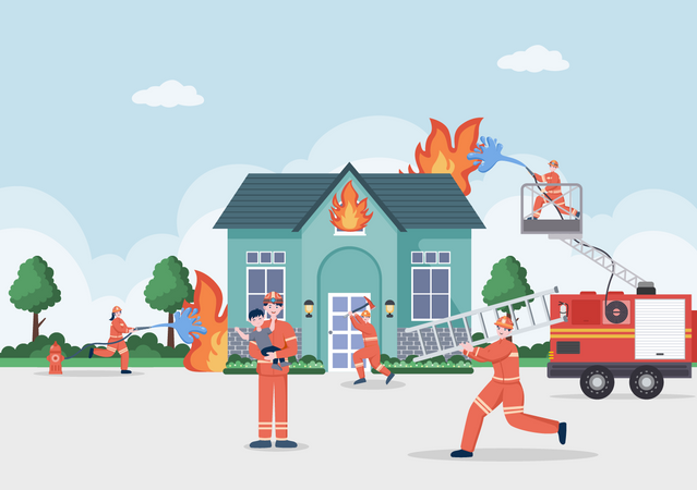 Bombeiros ajudando pessoas  Ilustração