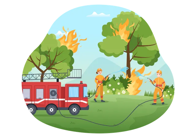 Bombeiros extinguindo incêndio em árvore  Ilustração