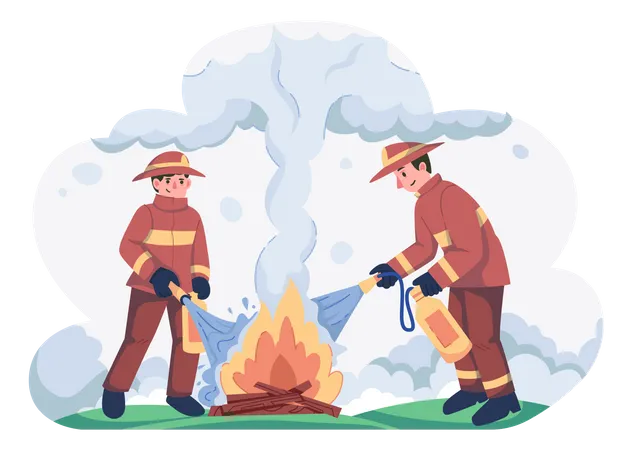 Bombeiros extinguindo incêndio usando extintor de incêndio  Ilustração