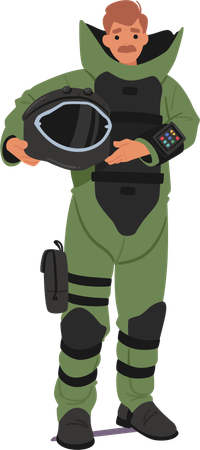 Bombenentschärfungsexperte trägt grünen Schutzanzug und hält Helm  Illustration