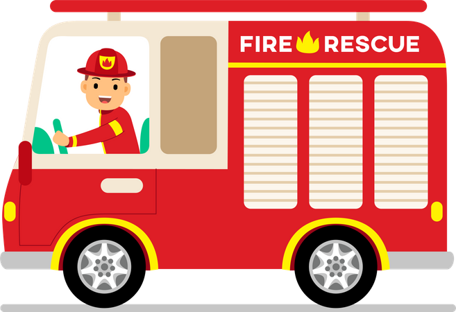 Bombero conduciendo un camión de rescate contra incendios  Ilustración